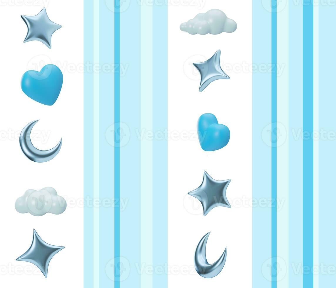 Blue seamless pattern with stars, moons and hearts. Applicable for fabric print, textile, wallpaper, gifts wrapping paper. Repeatable texture. Modern style, pattern for boys bedding, clothes. 3D. photo