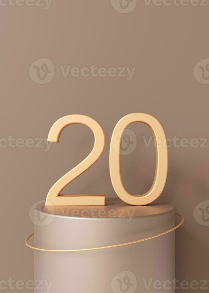 Golden number twenty standing on podium on brown background. Symbol 20. Invitation for a twentieth birthday party, business anniversary. Festive event. Vertical picture. 3D render. photo