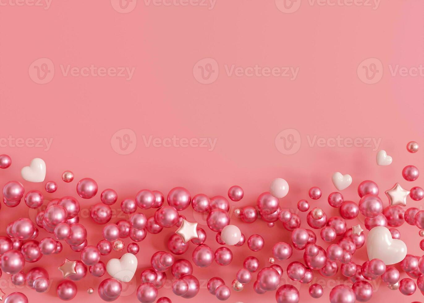 Pink background with hearts, bubbles and copy space. Valentine's Day, Woman's, Mother's Day backdrop. Empty space for advertising text, invitation, logo. Postcard, greeting card design. Love. 3D. photo