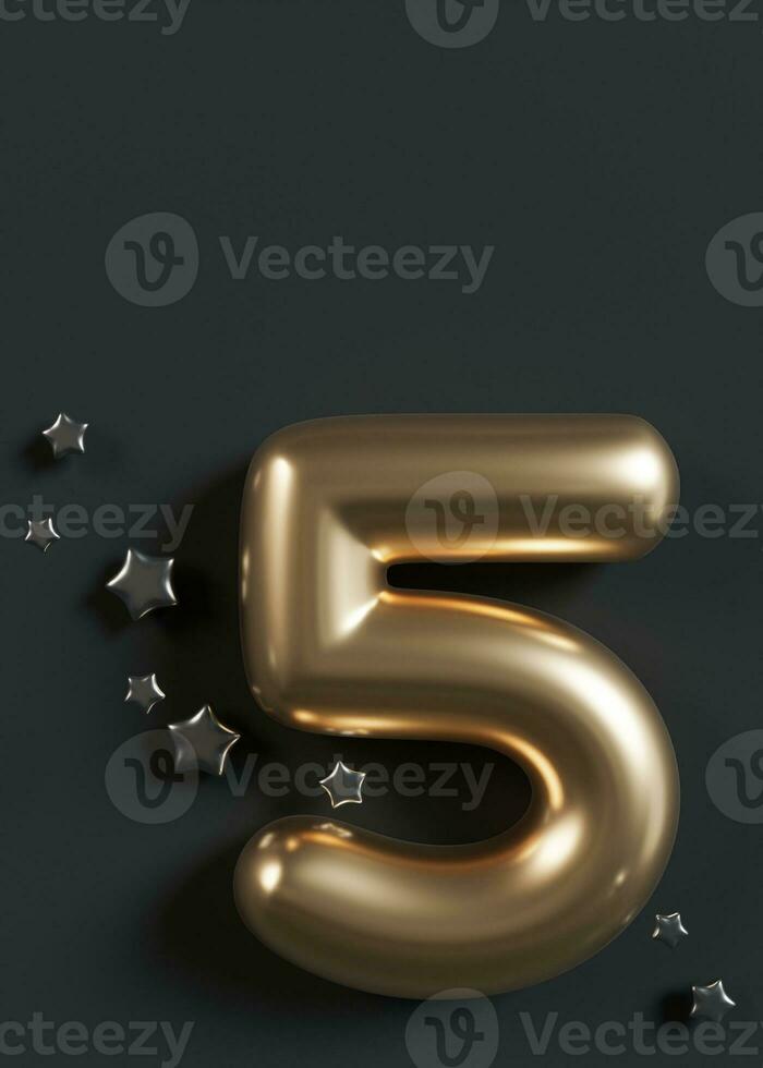 Golden number five and stars on black background. Symbol 5. Fifth birthday party, business anniversary, or event celebrating a fifth milestone. Empty, copy space for text. Vertical picture. 3D render. photo