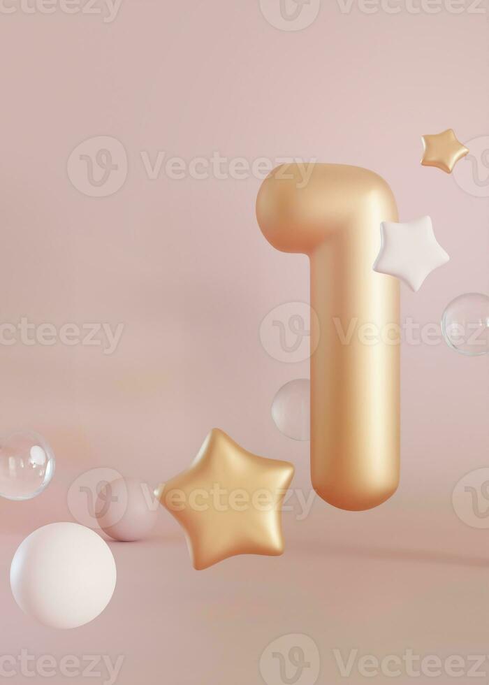 Golden number one and floating bubbles and stars on beige background. Symbol 1. Invitation for a first birthday party, business anniversary, or any event celebrating a first milestone. Vertical 3D. photo