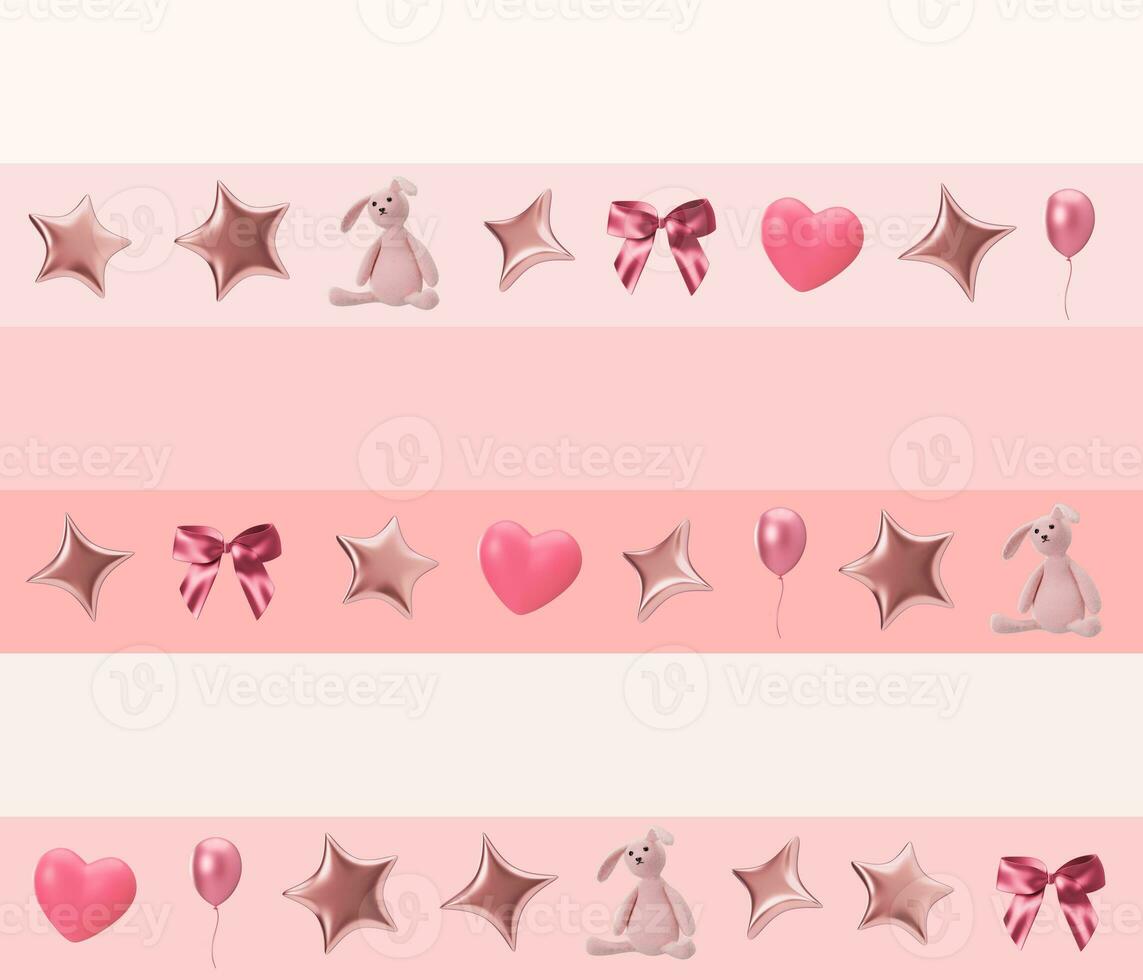 Pink seamless pattern with stars, hearts and bunnies. Applicable for fabric print, textile, wallpaper, gifts wrapping paper. Repeatable texture. Modern style, pattern for girls bedding, clothes. 3D. photo