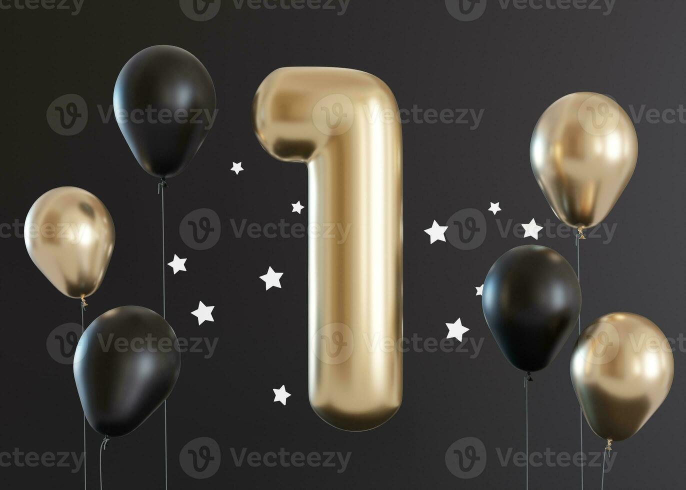 Golden number one and floating helium balloons on black background. Symbol 1. Invitation for a first birthday party, business anniversary, or any event celebrating a first milestone. 3D render. photo