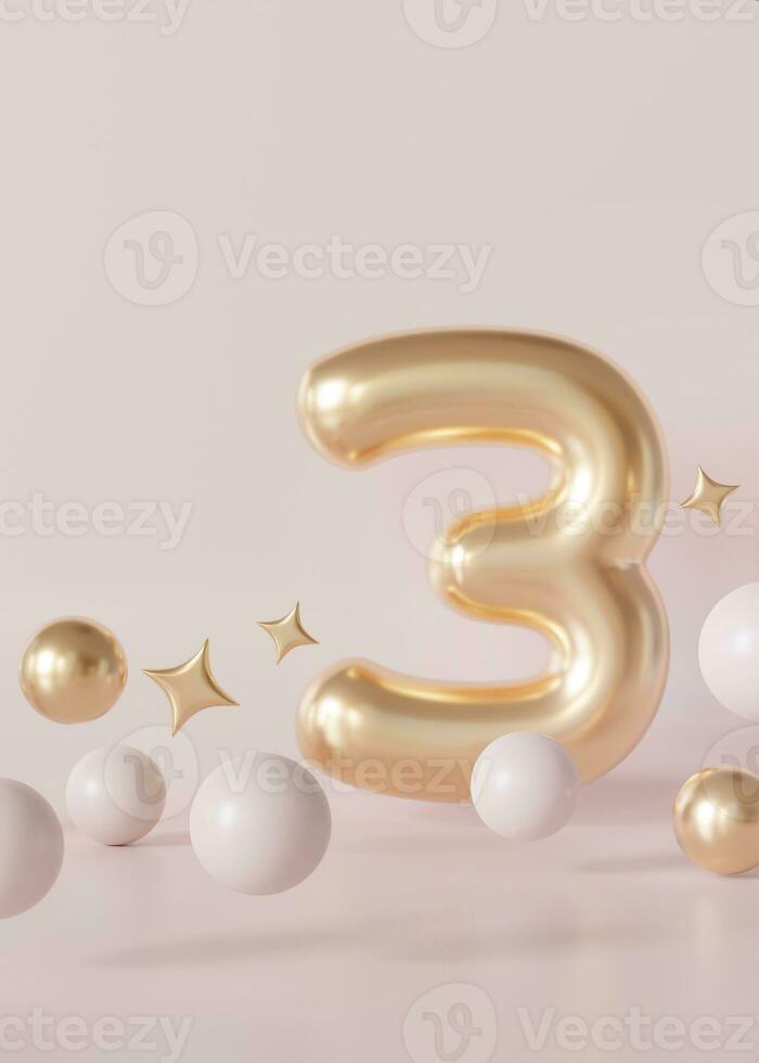 Golden number three with bubbles and stars on beige background. Symbol 3. Third birthday party, business anniversary, or any event celebrating a third milestone. Copy space for text. Vertical 3D. photo