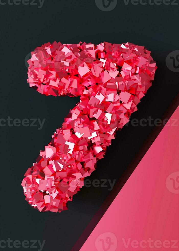 Pink number seven on black background. Symbol 7. Seventh birthday party, business anniversary, or event celebrating a seventh milestone. Vertical picture. 3D render. photo