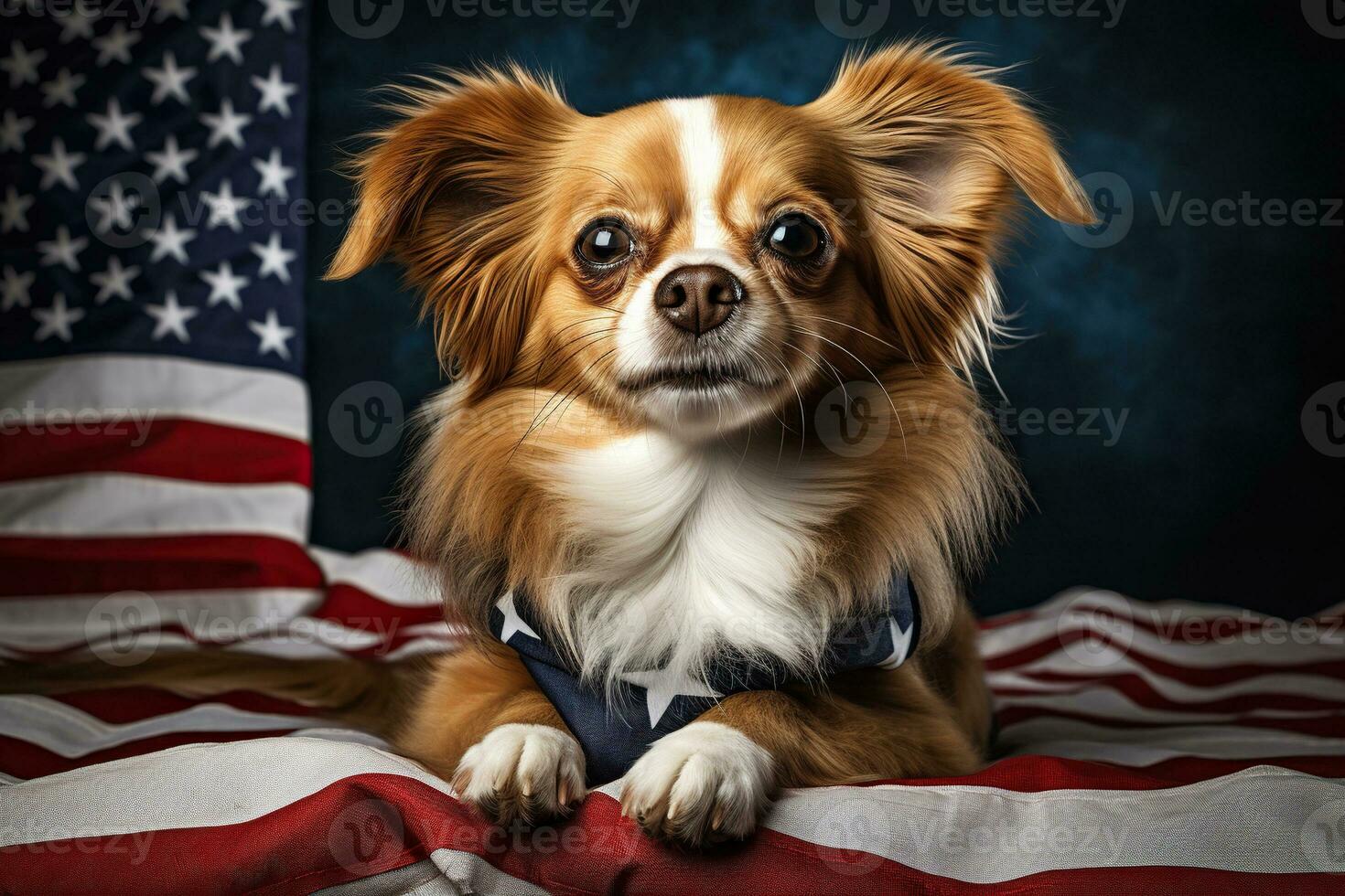 AI generated French bulldog dog with a bandage around its neck on the background of the US flag. Elections, US Independence Day. Patriotic dog. Generative AI photo