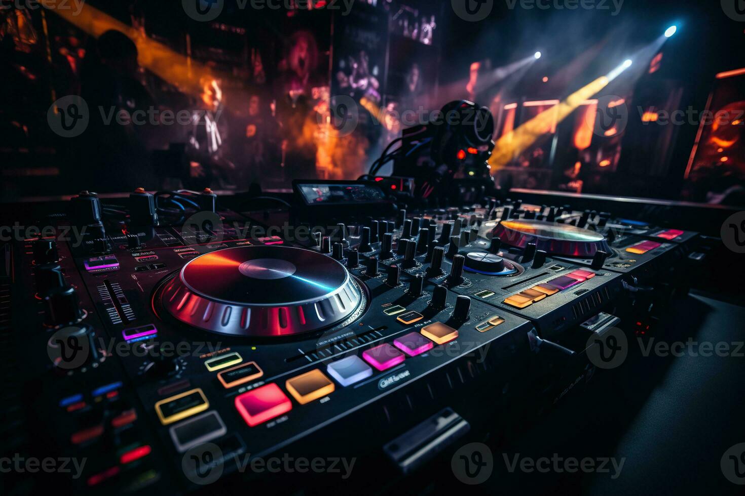AI generated DJ console in the light of spotlights and neon lights. Music and nightlife photo