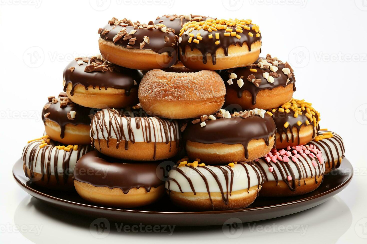 AI generated A stack of donuts with glaze and confectionery sprinkles on a white background. Generated by artificial intelligence photo