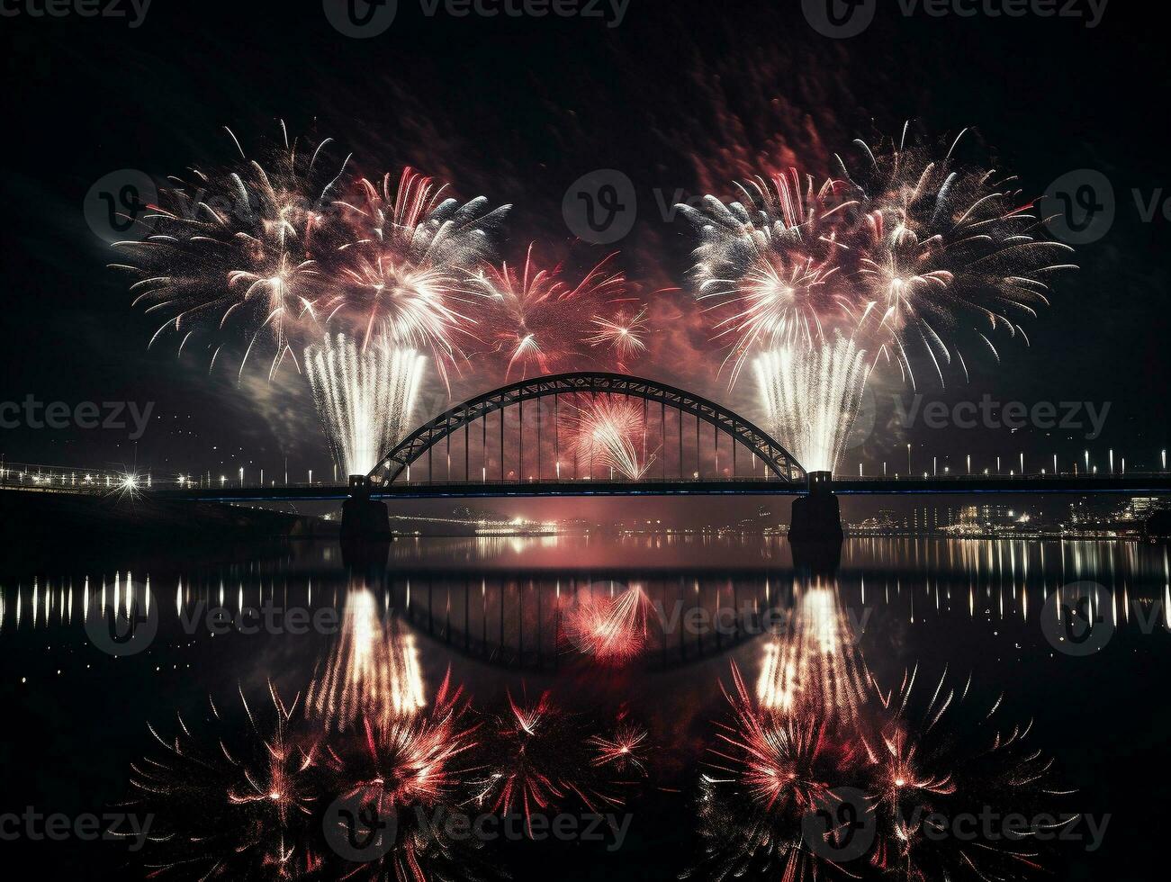 AI generated AI Generated new year celebration fireworks over bridge below urban city. photo