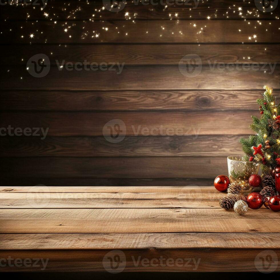 AI generated AI Generated abstract blurry sparkling background with empty wood table for Christmas holiday stand. photo
