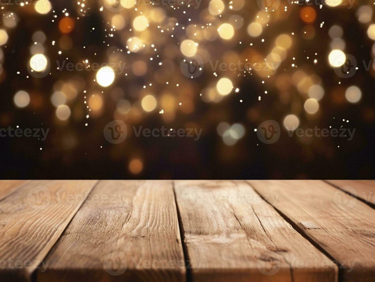 AI generated AI Generated abstract blurry sparkling background with empty wood table for Christmas holiday stand. photo