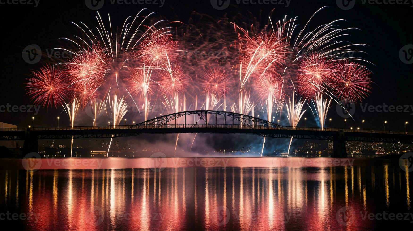 AI generated AI Generated new year celebration fireworks over bridge below urban city. photo