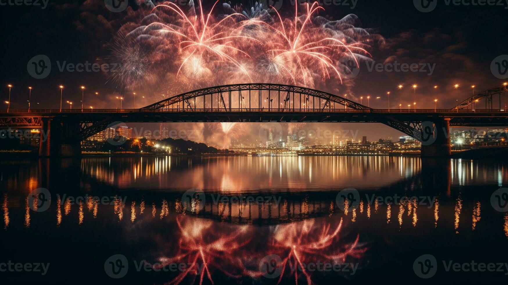 AI generated AI Generated new year celebration fireworks over bridge below urban city. photo
