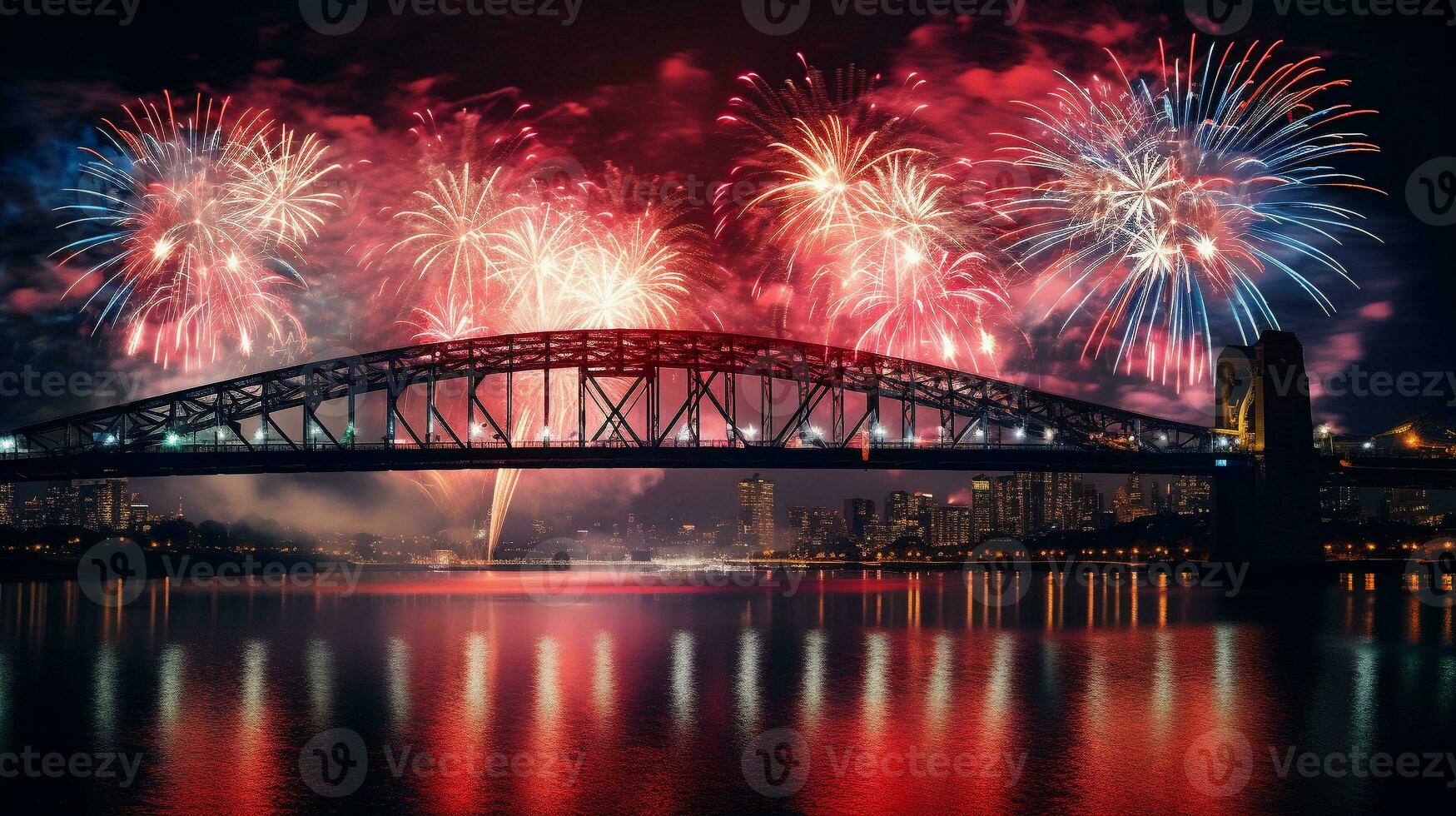 AI generated AI Generated new year celebration fireworks over bridge below urban city. photo