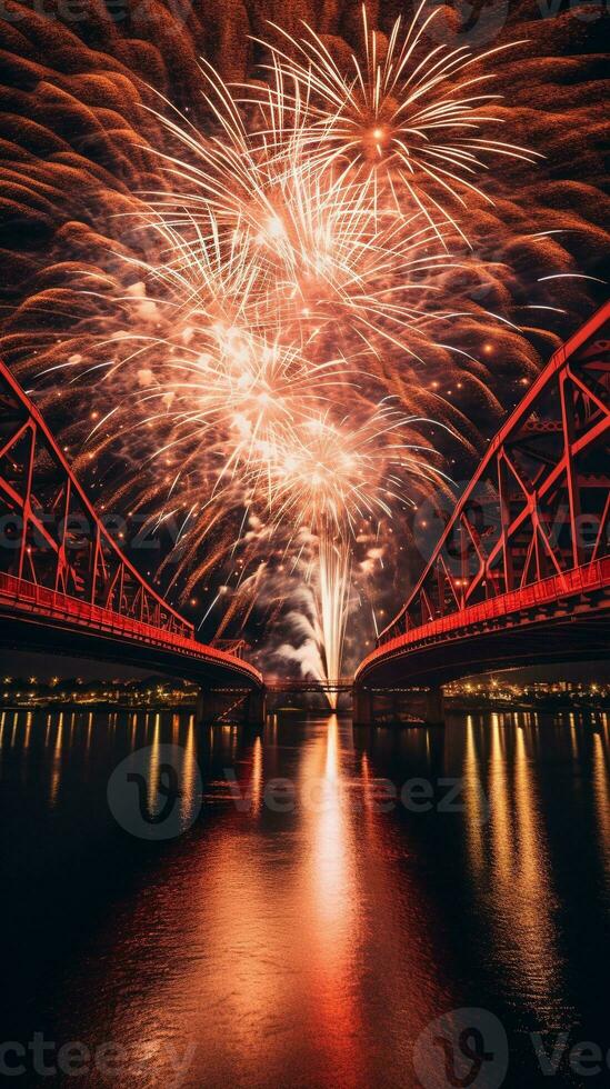 AI generated AI Generated new year celebration fireworks over bridge below urban city. photo
