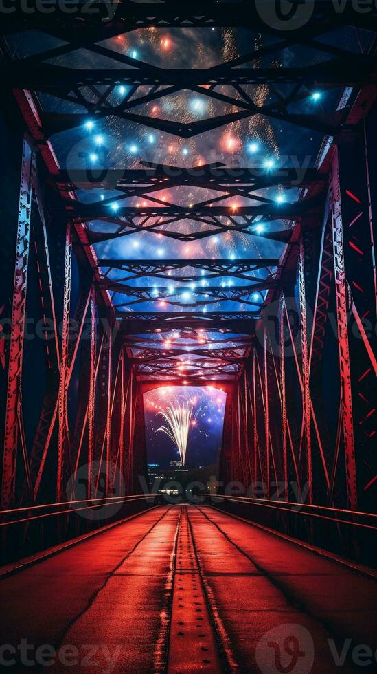 ai generado ai generado nuevo año celebracion fuegos artificiales terminado puente abajo urbano ciudad. foto