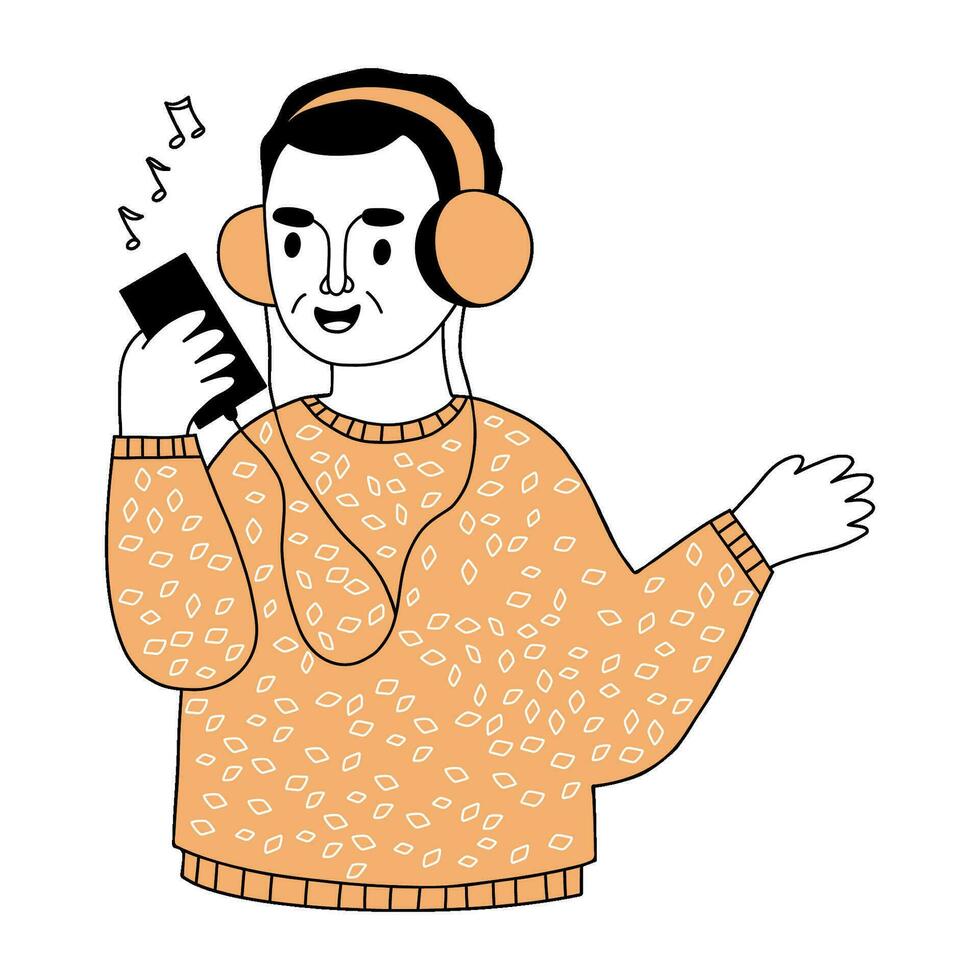 hombre en auriculares escucha a música desde su teléfono. vector ilustración en mano dibujado garabatear estilo. podcast y pasatiempo concepto personaje .