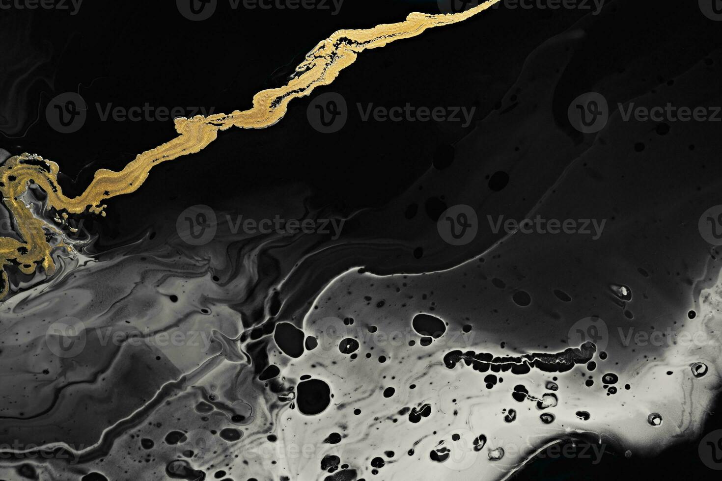 Fluid Art. Metallic gold abstract waves on Black and white background. Marble effect background or texture photo