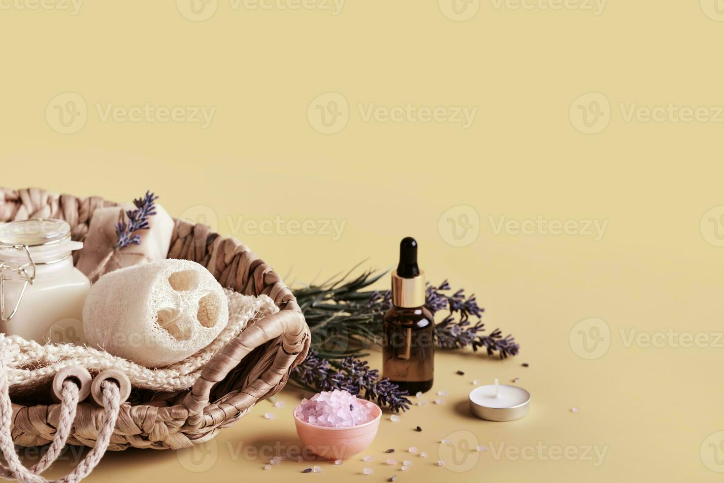Home cosmetics products with lavender. Spa setting in neutral colors, copy space photo