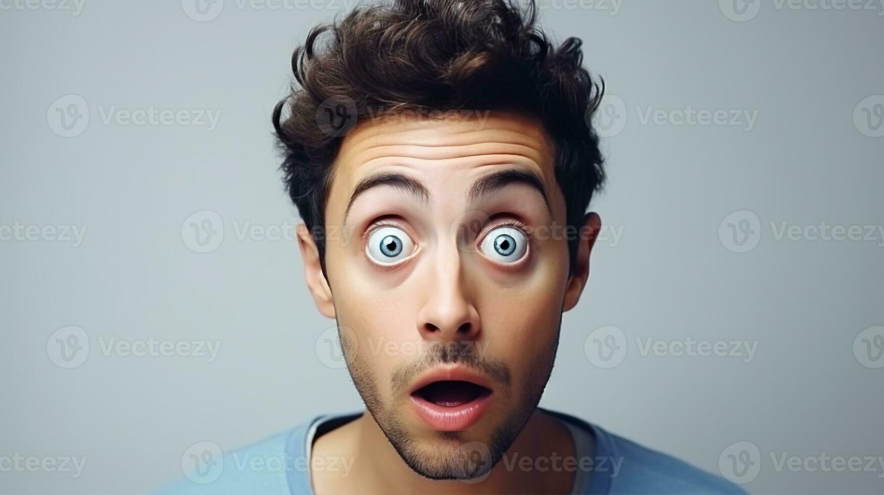 AI generated Surprised Man with Big Eyes Isolated on the Minimalist Background photo