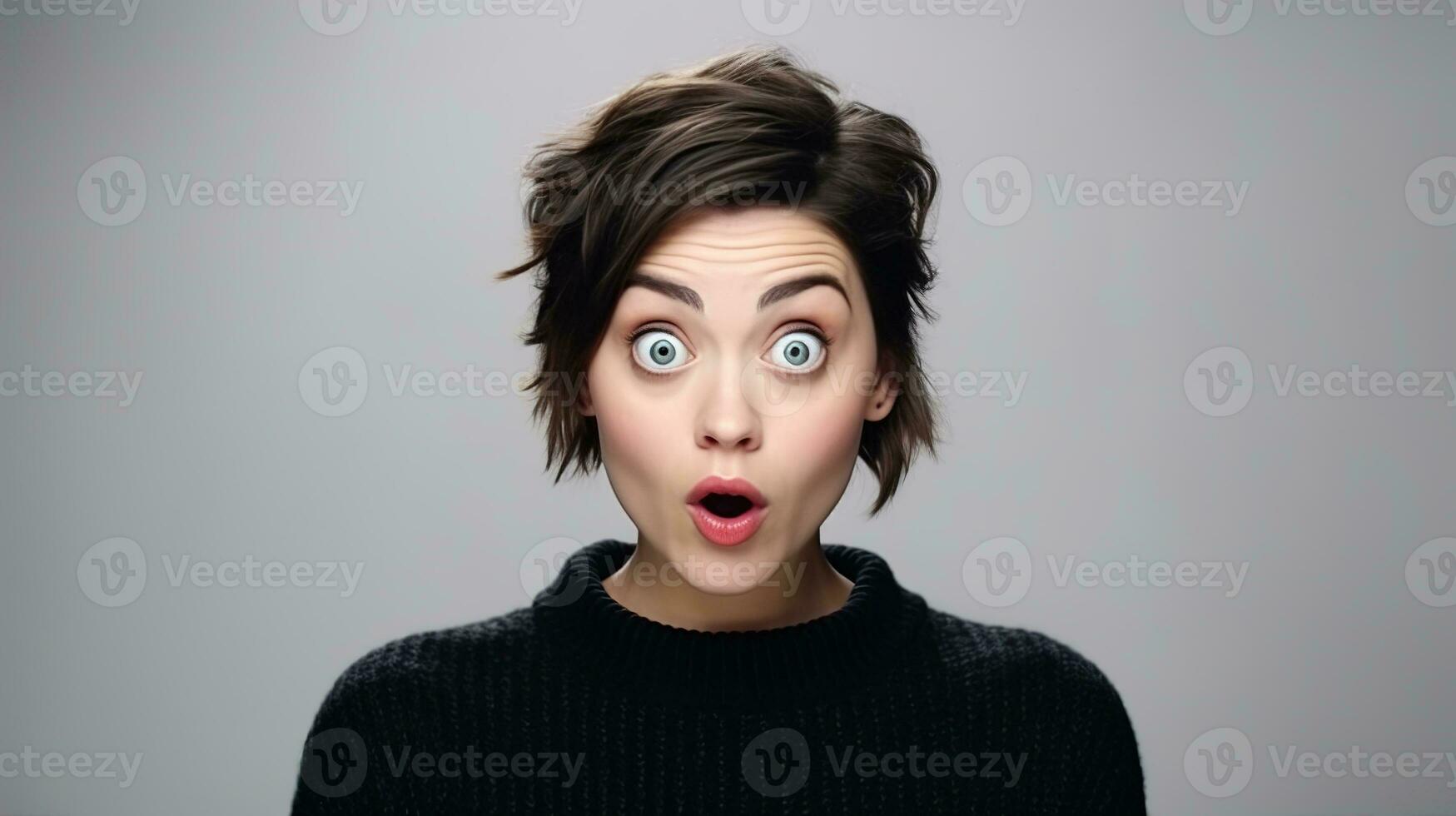 AI generated Surprised Woman with Big Eyes Isolated on the Minimalist Background photo