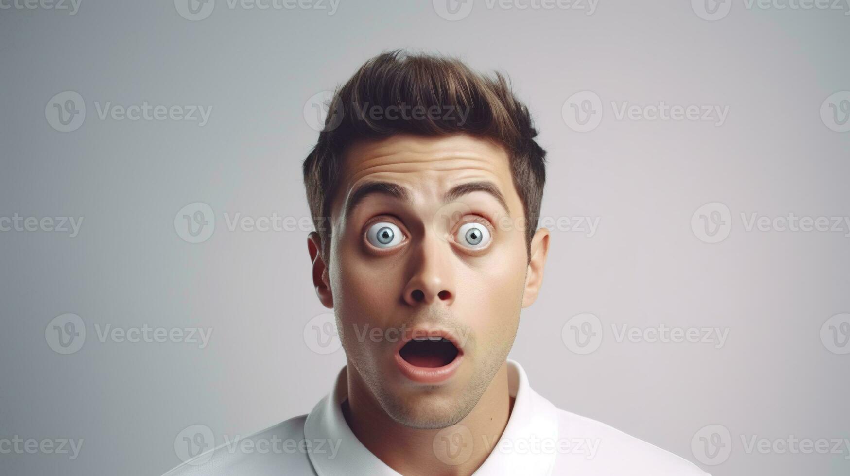 AI generated Surprised Man with Big Eyes Isolated on the Minimalist Background photo