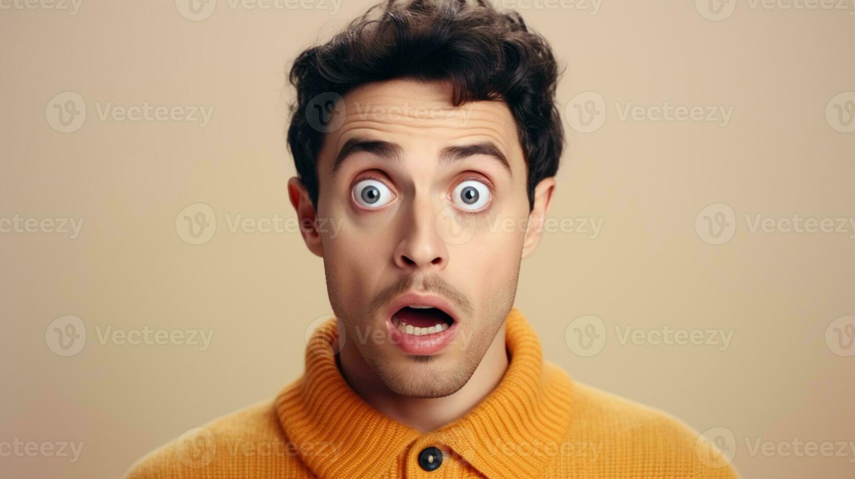 AI generated Surprised Man with Big Eyes Isolated on the Minimalist Background photo