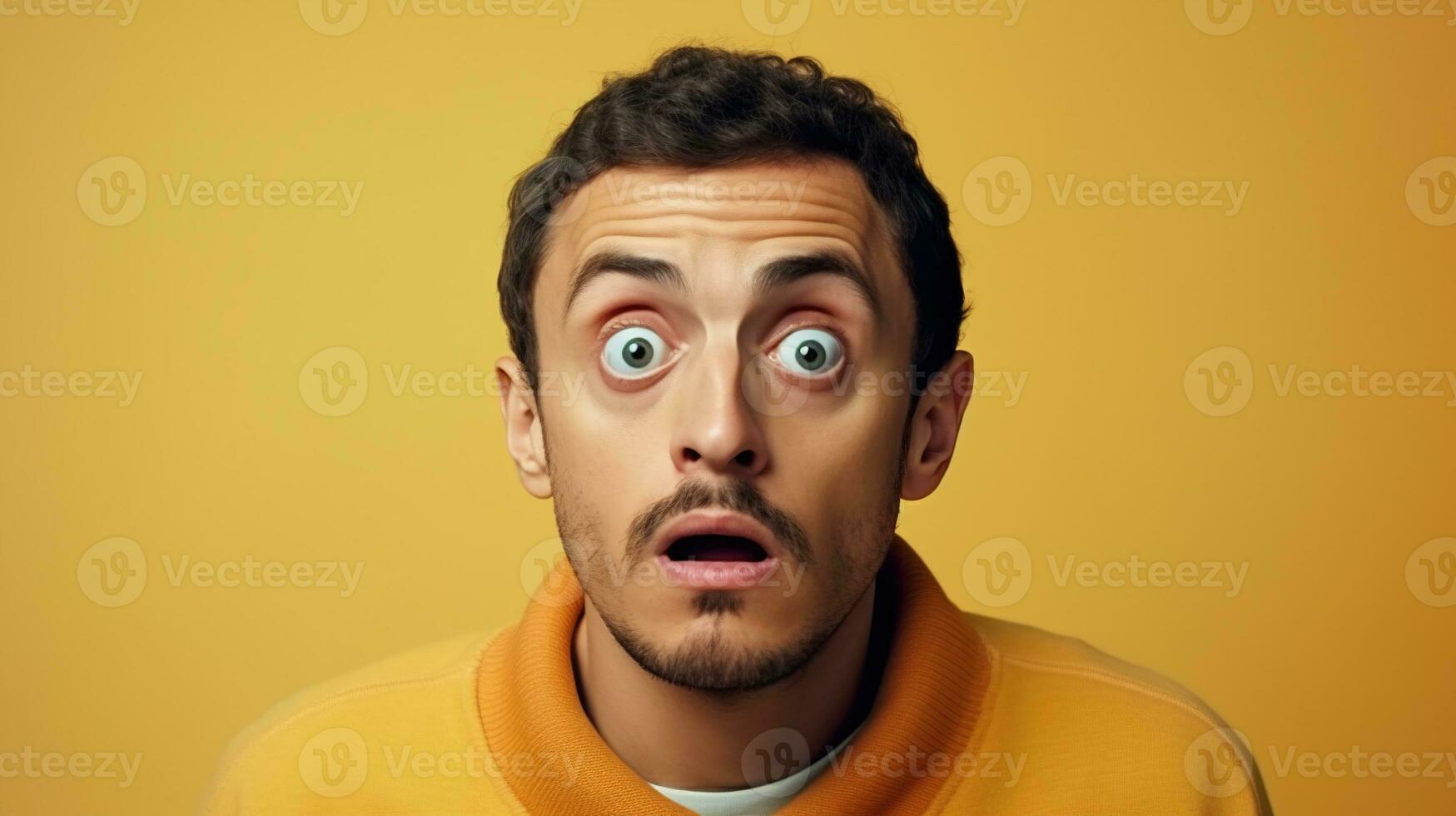 AI generated Surprised Man with Big Eyes Isolated on the Minimalist Background photo