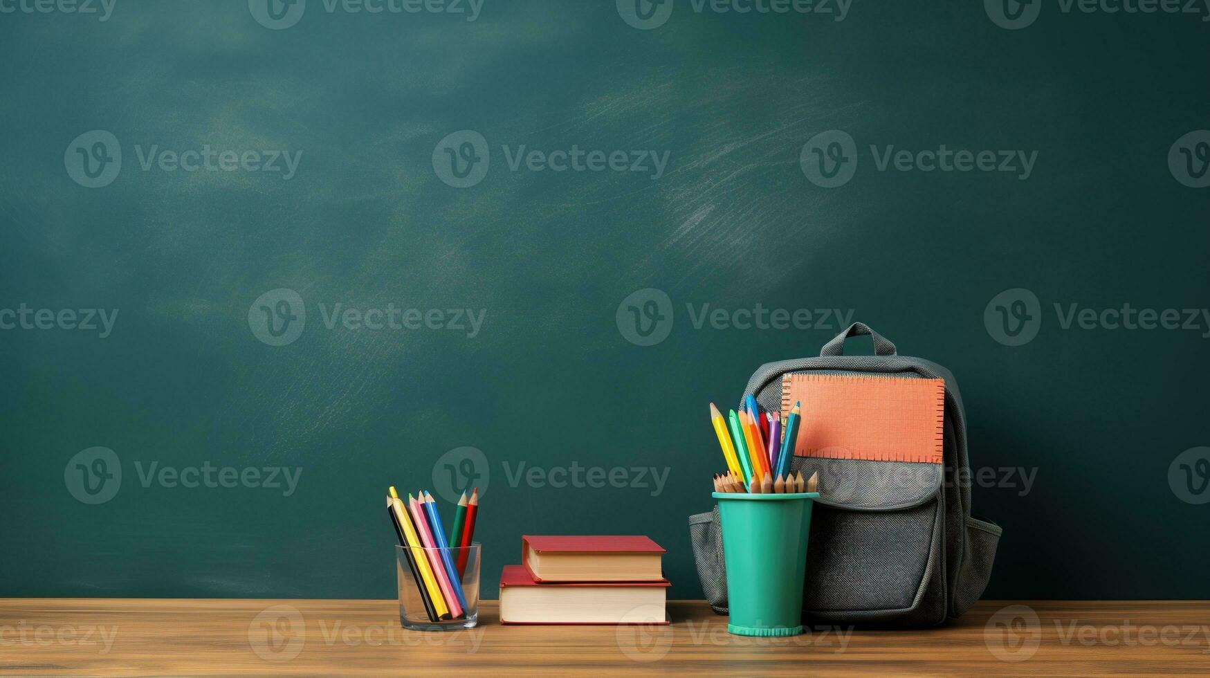 AI generated Chalkboard Background with School Backpack and Books, Copy Space photo