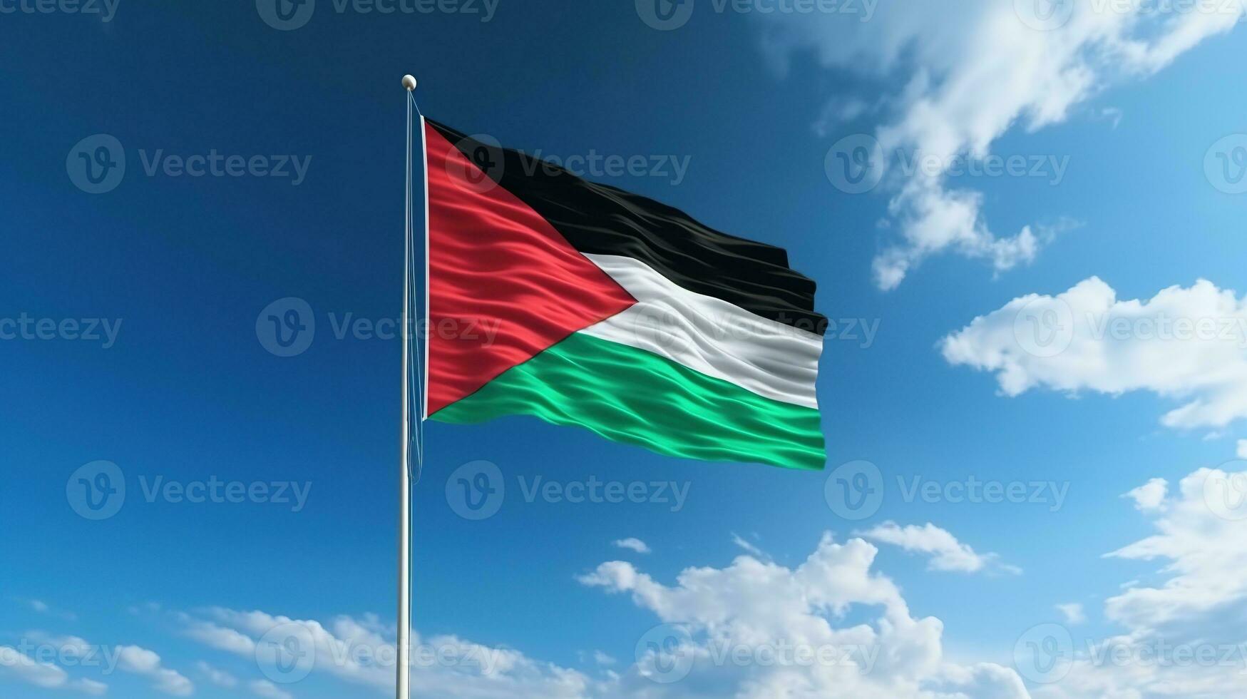 AI generated Palestine Flag Isolated on the Blue Sky with Copy Space photo