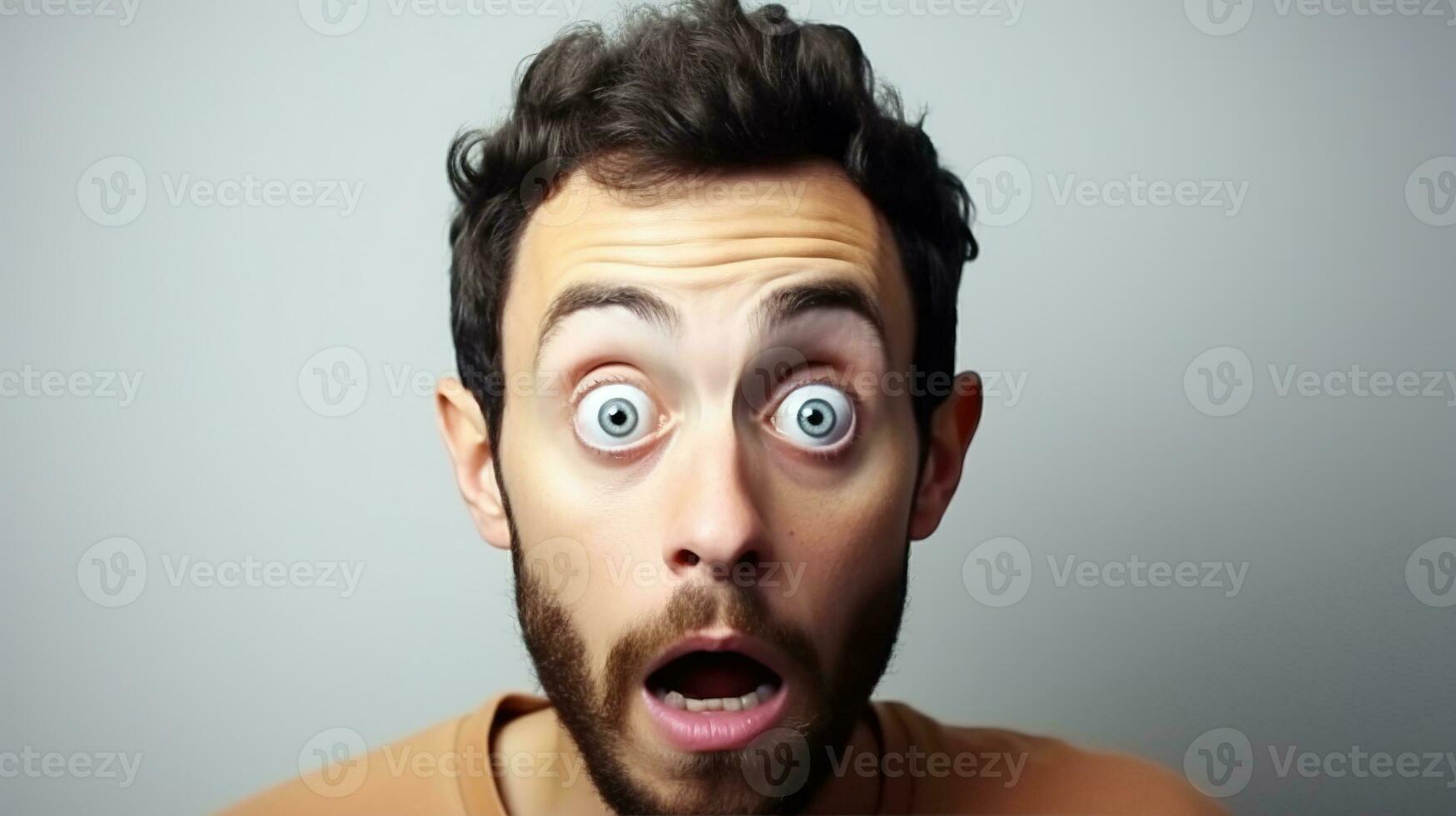 AI generated Surprised Man with Big Eyes Isolated on the Minimalist Background photo