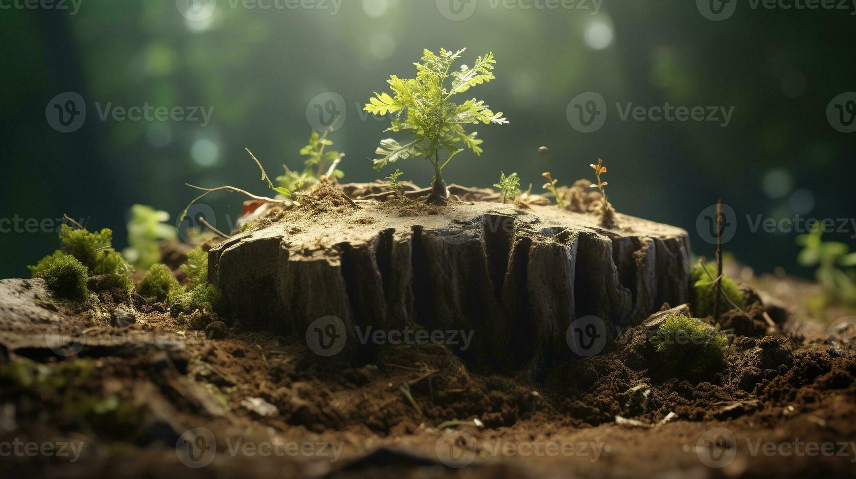 AI generated A Young Tree Emerging from Old Tree Stump photo