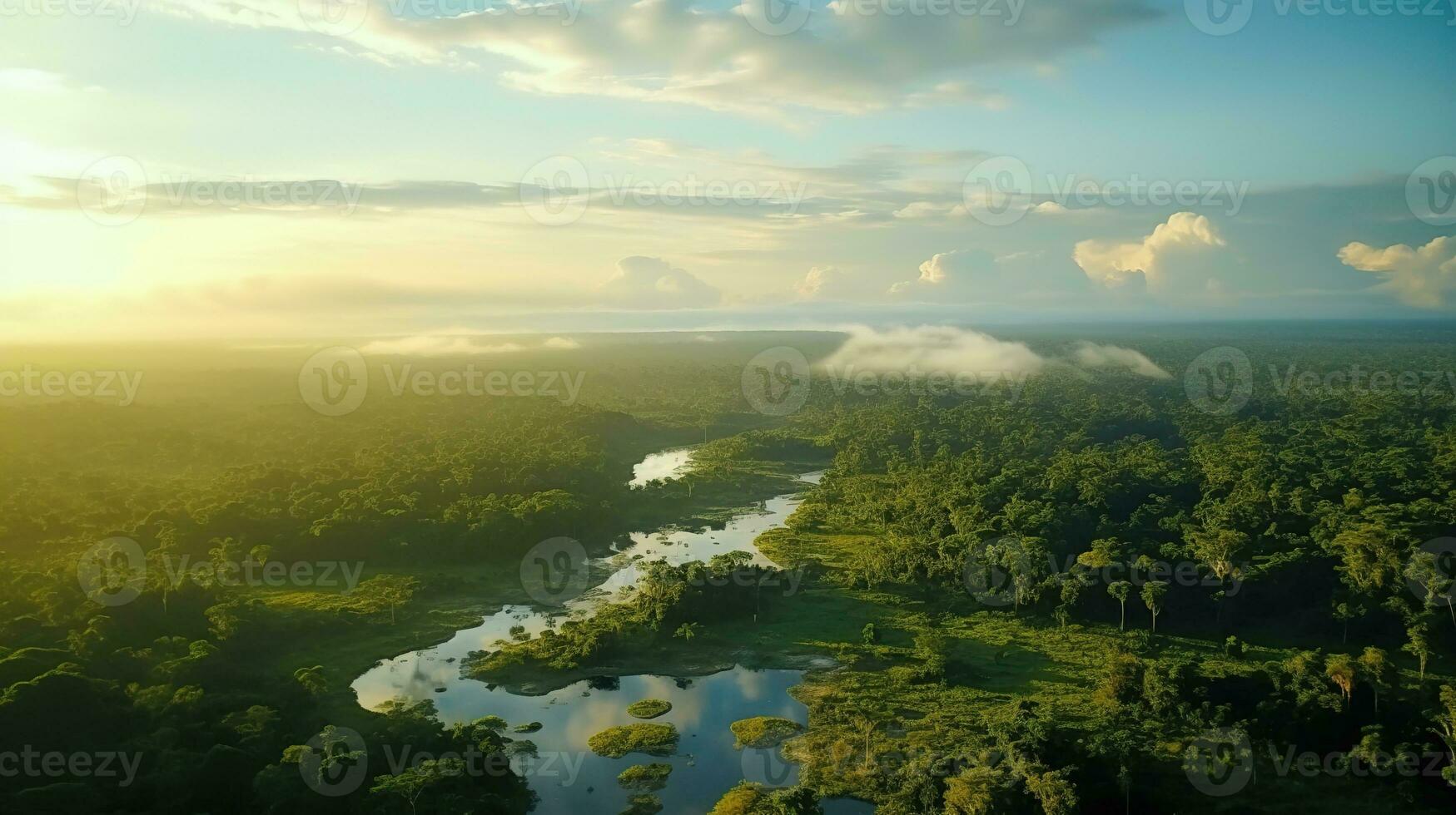 AI generated Beautiful Green Forest Landscape with Golden Hour Time photo