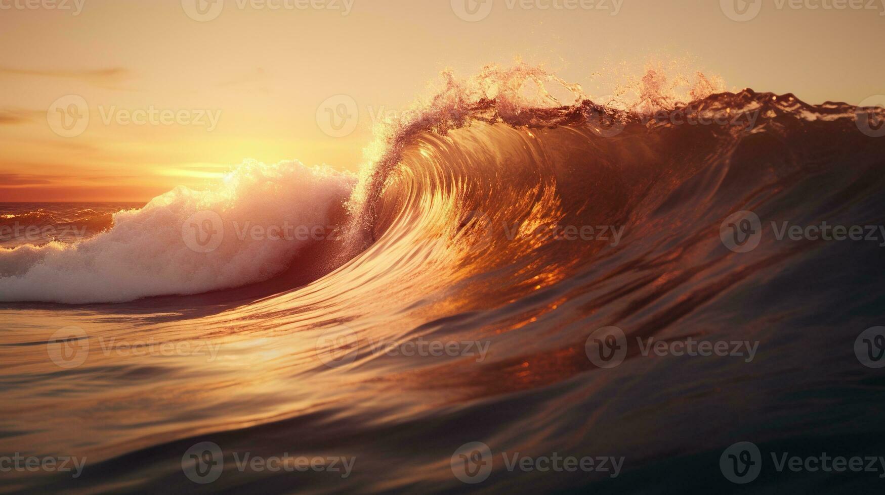 AI generated Foamy Waves Rolling Up in Ocean with Golden Hour Time photo