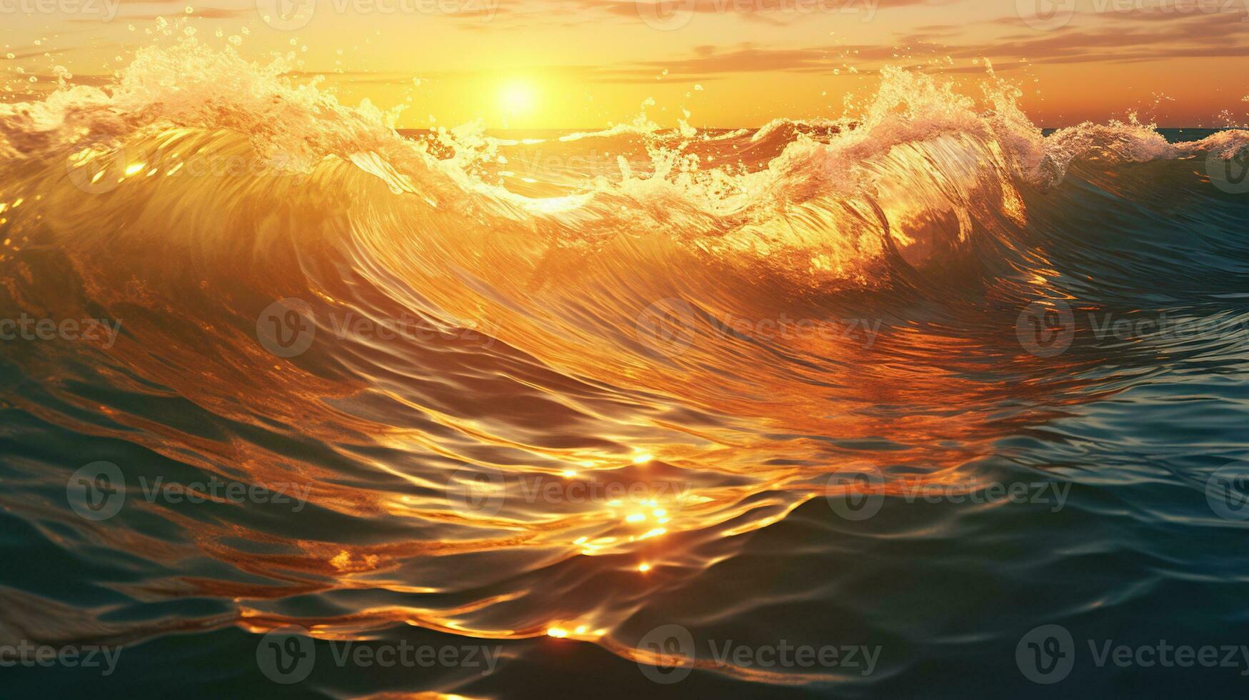 AI generated Foamy Waves Rolling Up in Ocean with Golden Hour Time photo