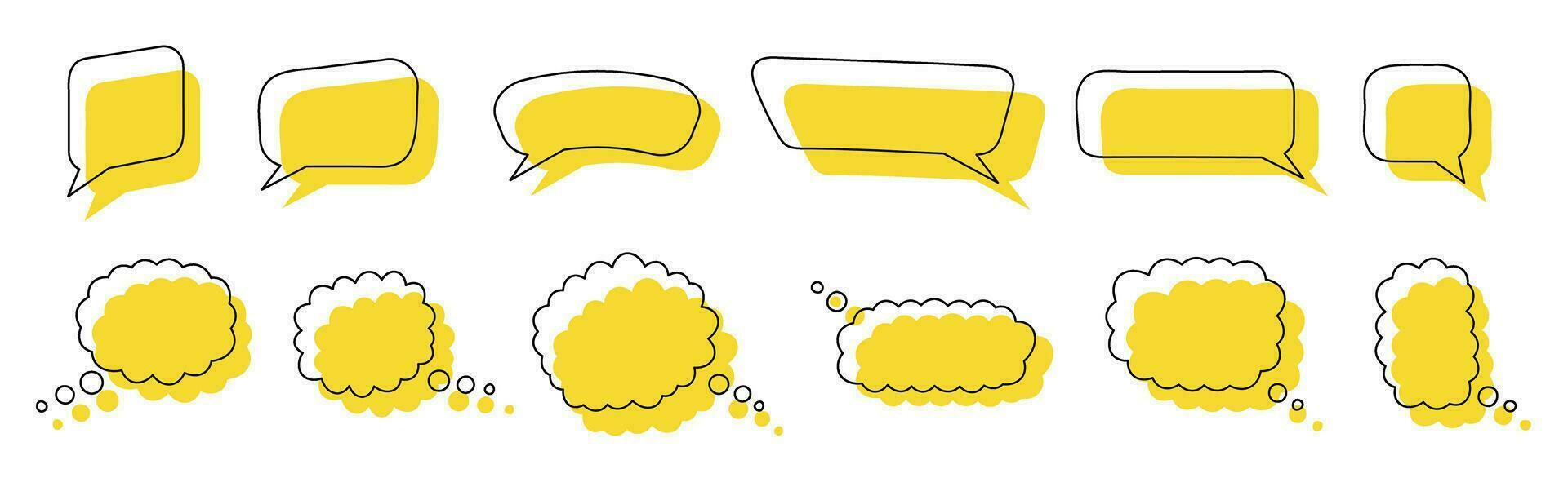 Set of chat speech bubbles templates. Think stickers, comment speech and conversation bubble icons. Linear set. Modern vector flat illustration.