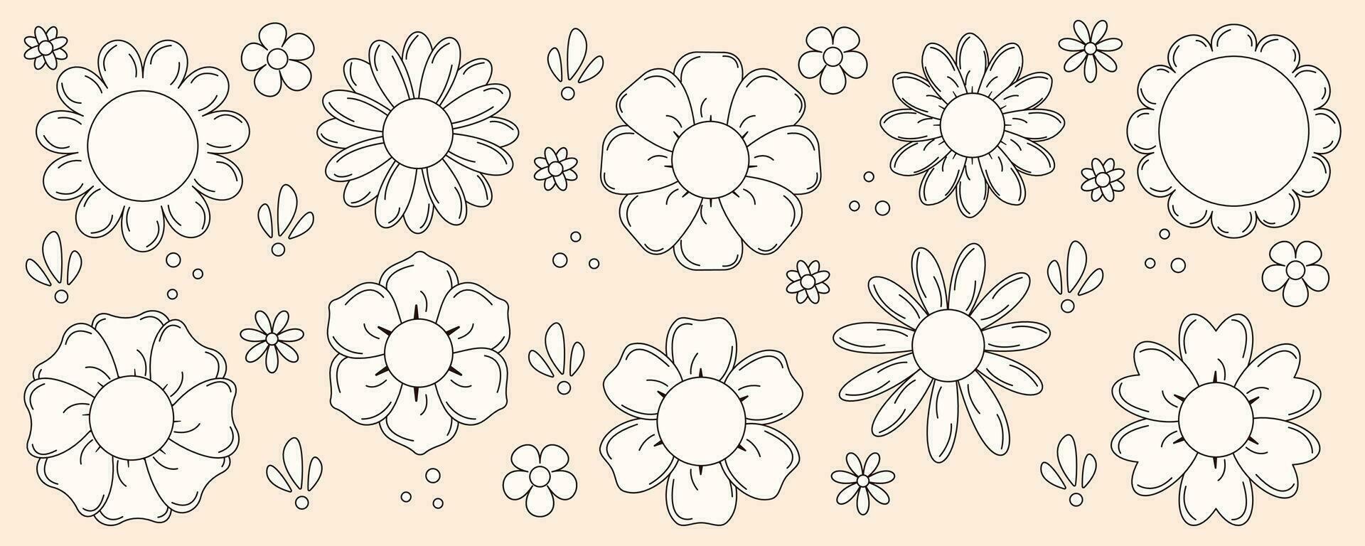 Set of retro flowers icons. Flowers in cartoon groovy style. Vector illustrator.