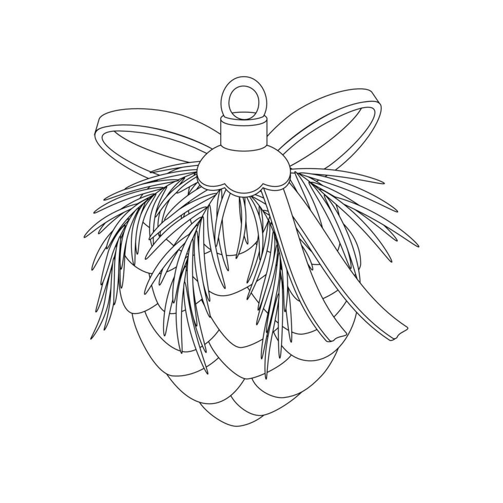 Christmas toy, ornament for the tree, pine cone with ribbon and bow. Winter holiday element. vector