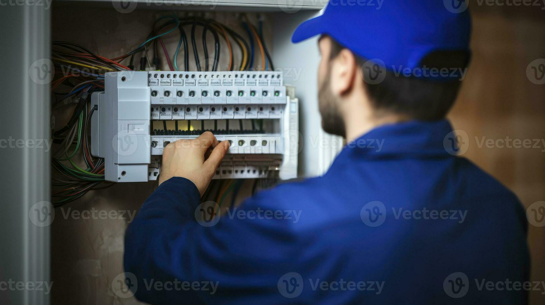 AI generated Capturing the Concentration of a Young Electrician at Work on a House's Electrical Panel photo