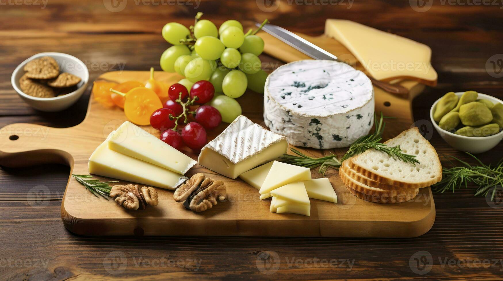 ai generado un varios tipos de queso composición. mezcla queso en de madera tablero con uvas. lechería productos foto