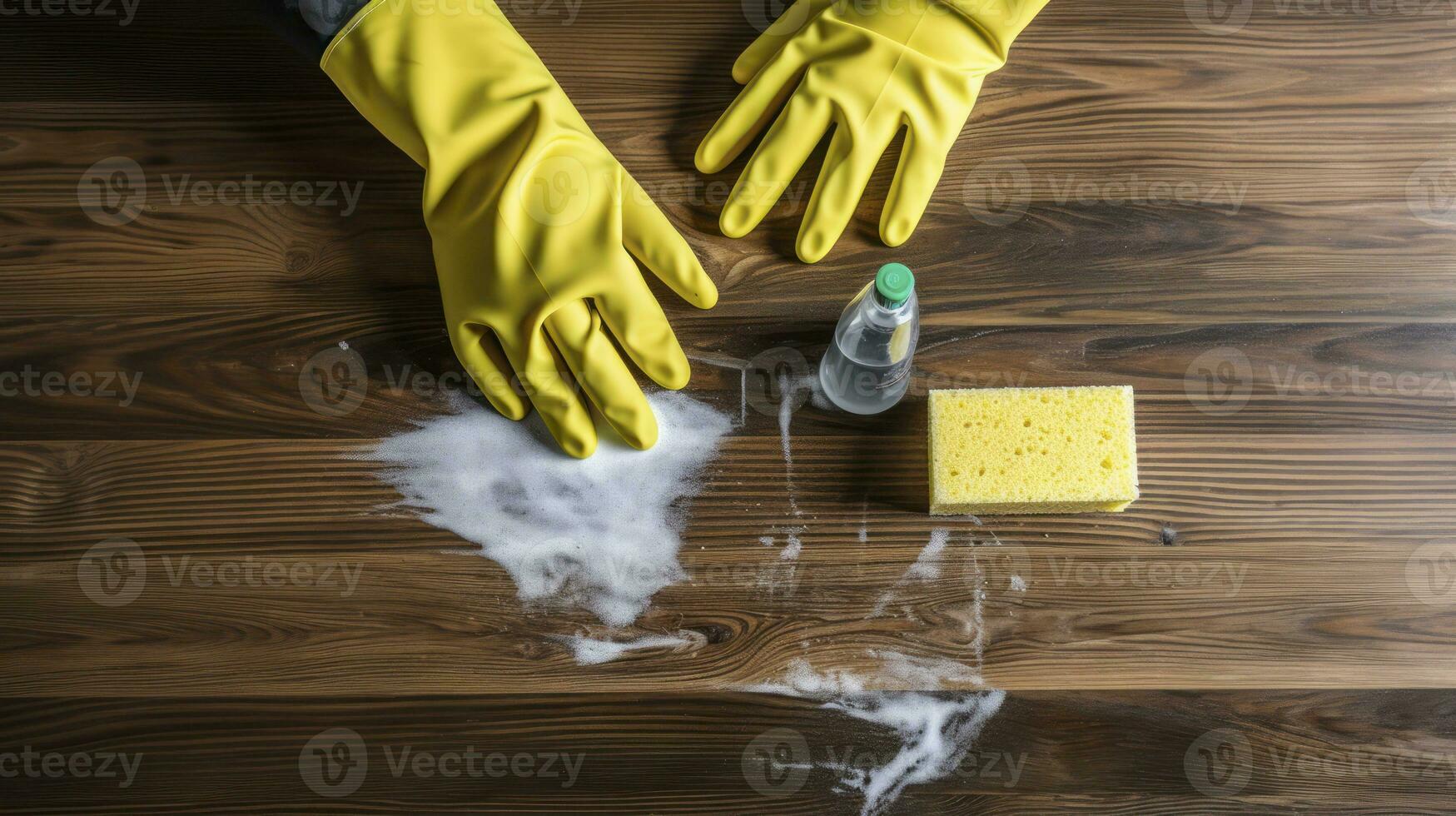 AI generated Dedicated to Cleanliness - Top view hands in protective rubber gloves holding a sponge and spray and clean wood surface photo