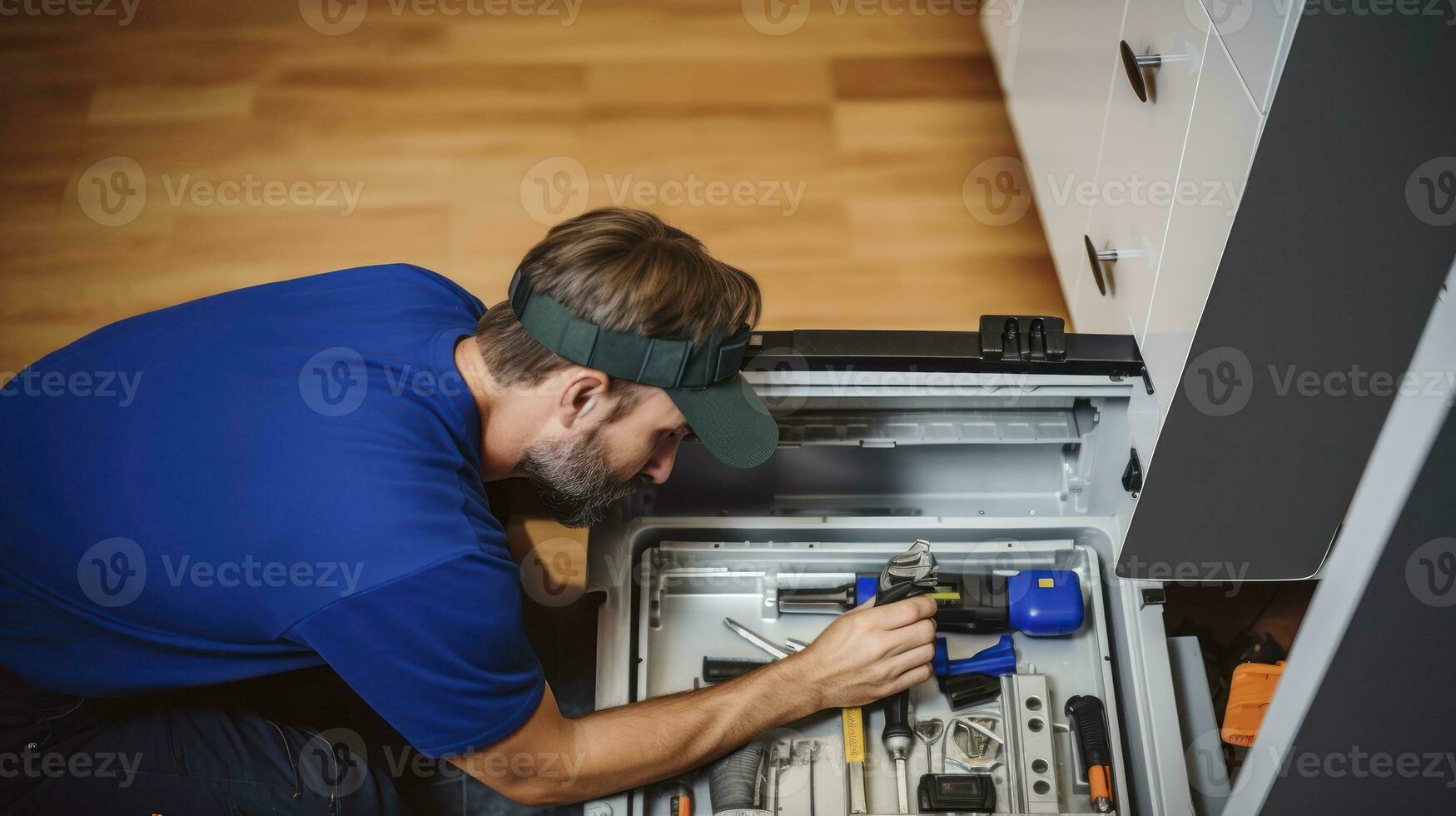 AI generated From Above. The Diligent Repairman at Work, Tools in Hand, Fixing a Dishwasher in a Kitchen Setting photo