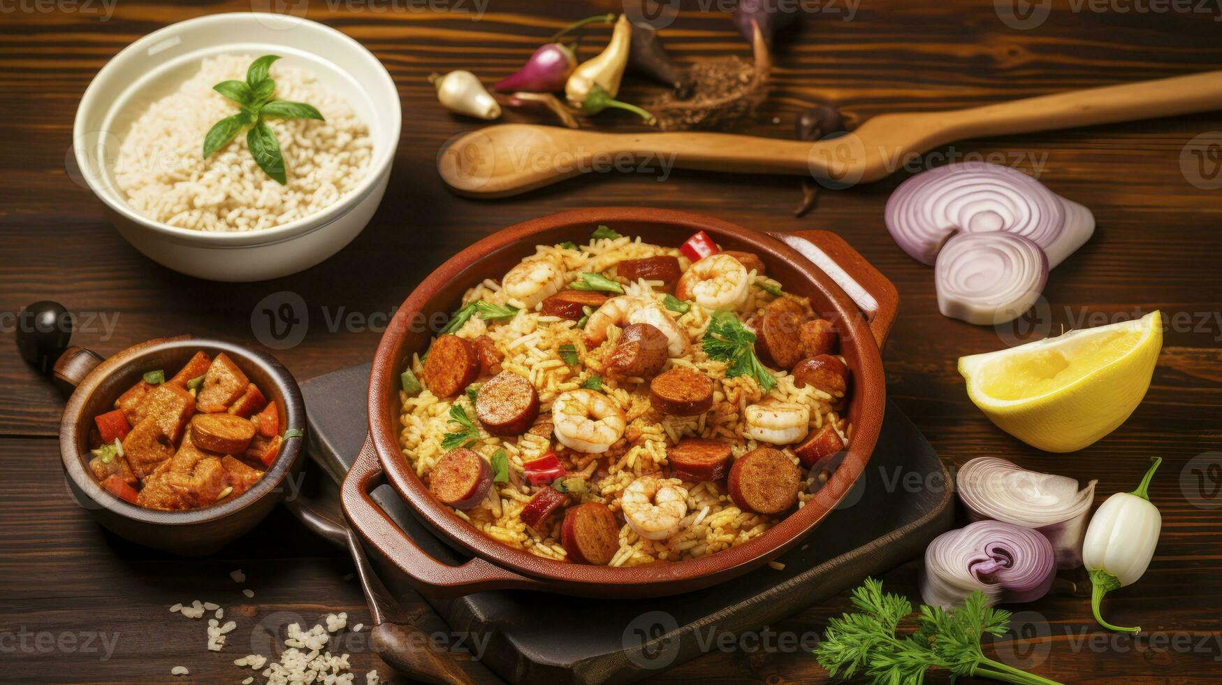 AI generated Top view, Traditional jambalaya served on plate. Chicken and rice dish with sausage and shrimp photo