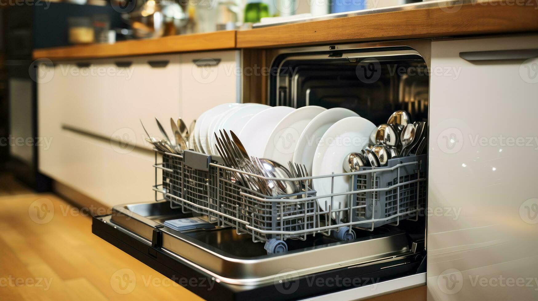 AI generated A glass dishwasher with multiple dishes inside. Dishwasher prepare for fixing photo