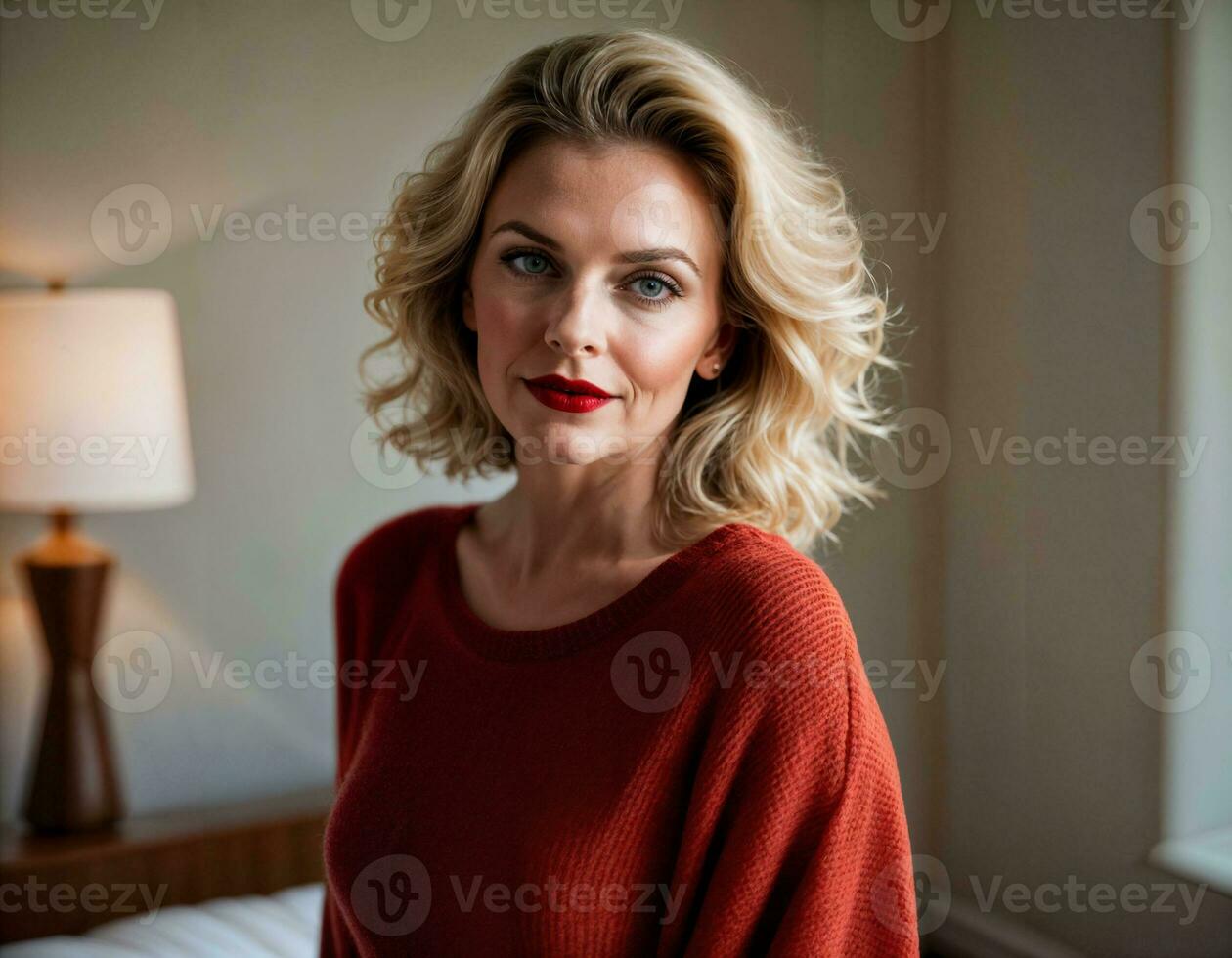 AI generated photo of beautiful middle aged woman with blonde hair in bedroom, generative AI
