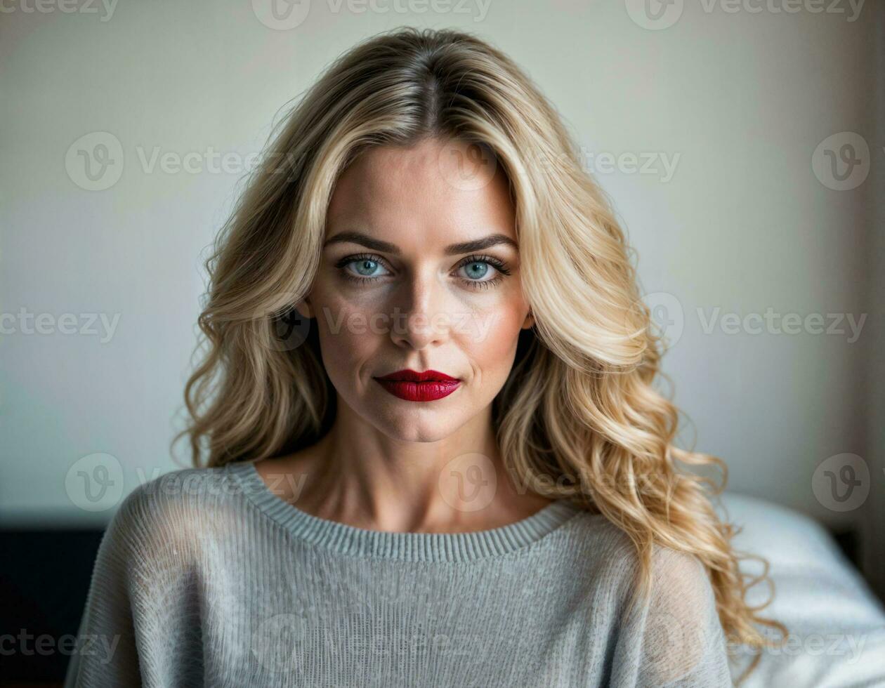 AI generated photo of beautiful middle aged woman with blonde hair in bedroom, generative AI