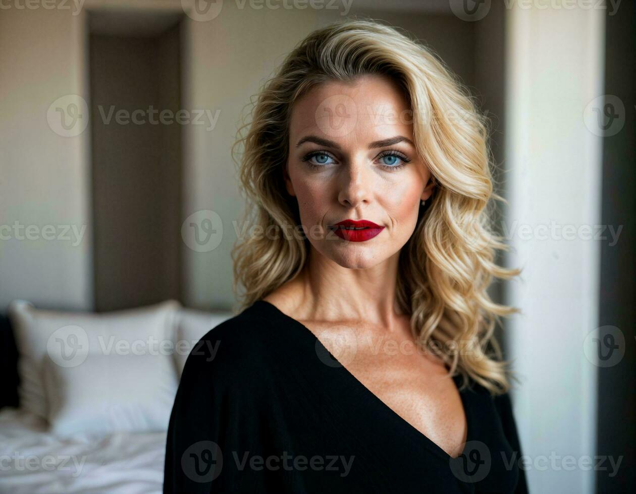 AI generated photo of beautiful middle aged woman with blonde hair in bedroom, generative AI