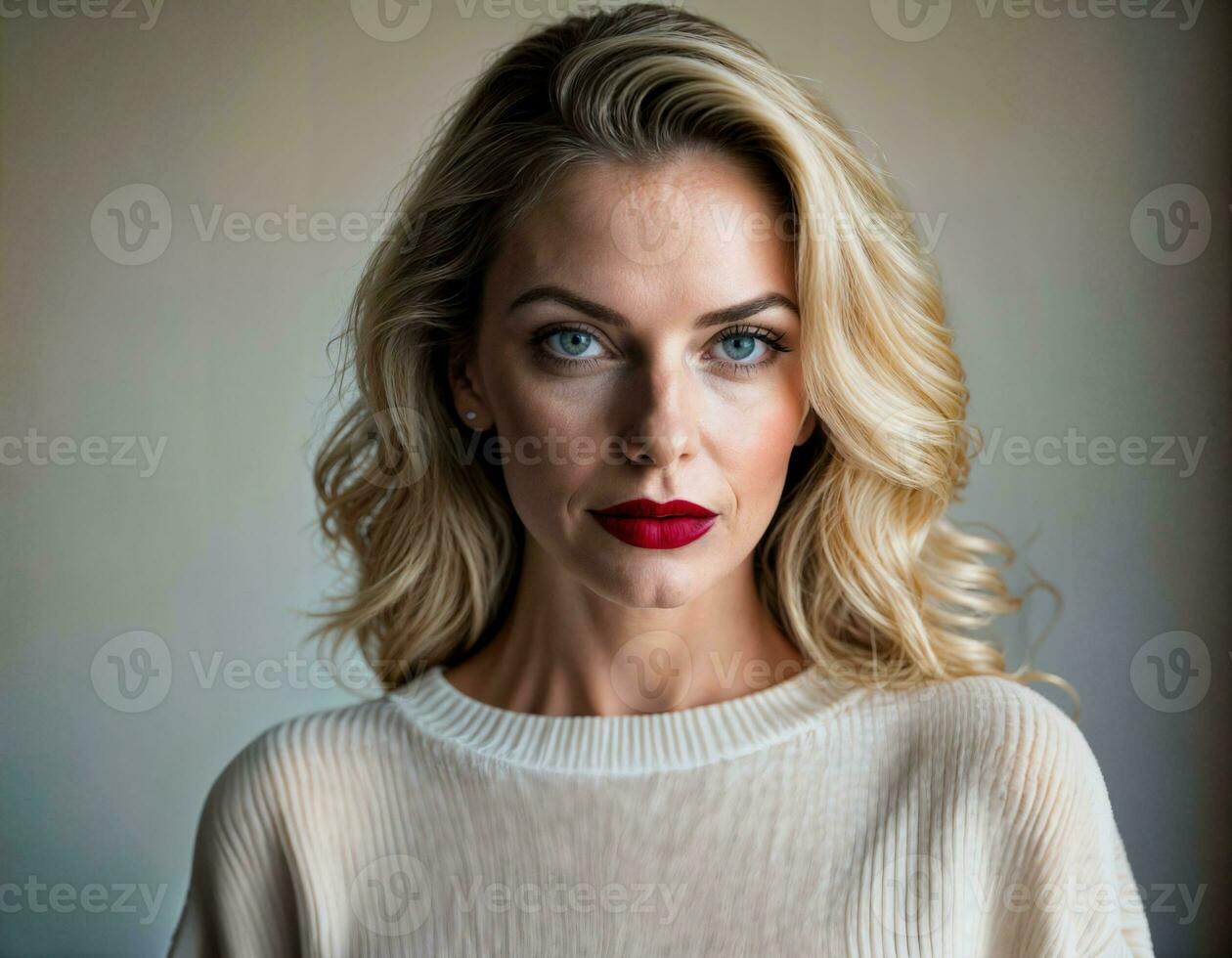 AI generated photo of beautiful middle aged woman with blonde hair in bedroom, generative AI