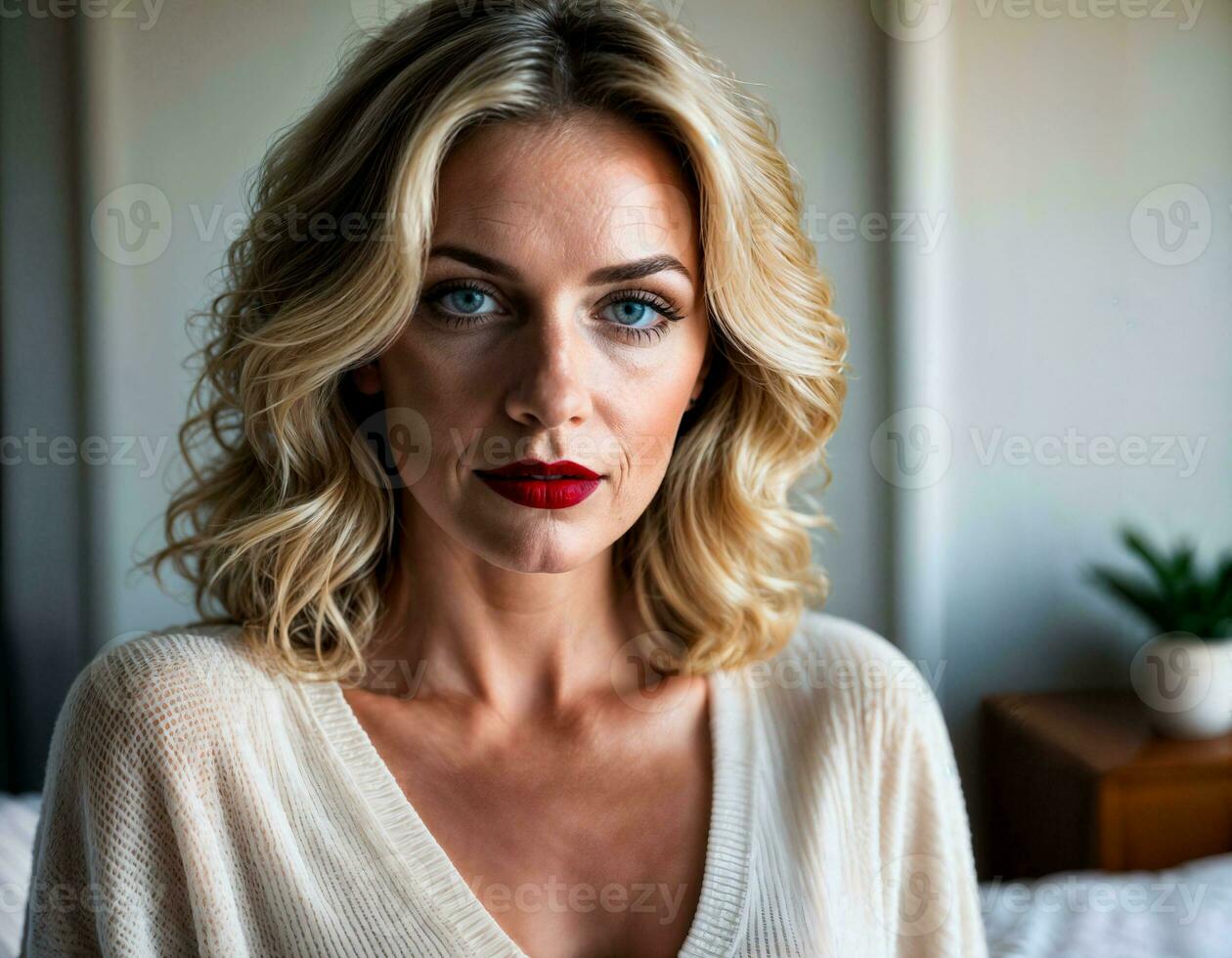 AI generated photo of beautiful middle aged woman with blonde hair in bedroom, generative AI