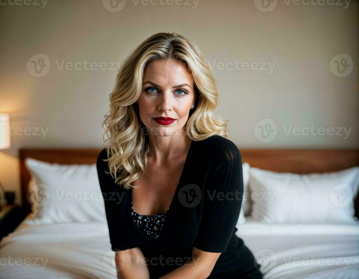 AI generated photo of beautiful middle aged woman with blonde hair in bedroom, generative AI